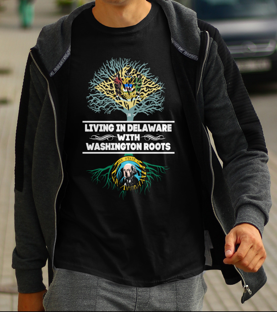 Living In Delaware With Washington Roots Tree Design Featuring Delaware And Washington State Seals T-Shirt
