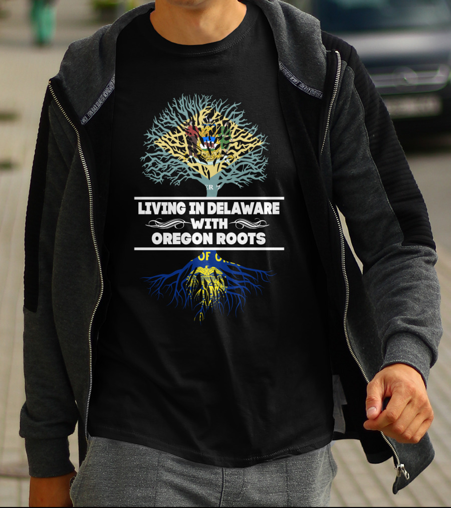 Living In Delaware With Oregon Roots Featuring State Symbols And Tree T-Shirt