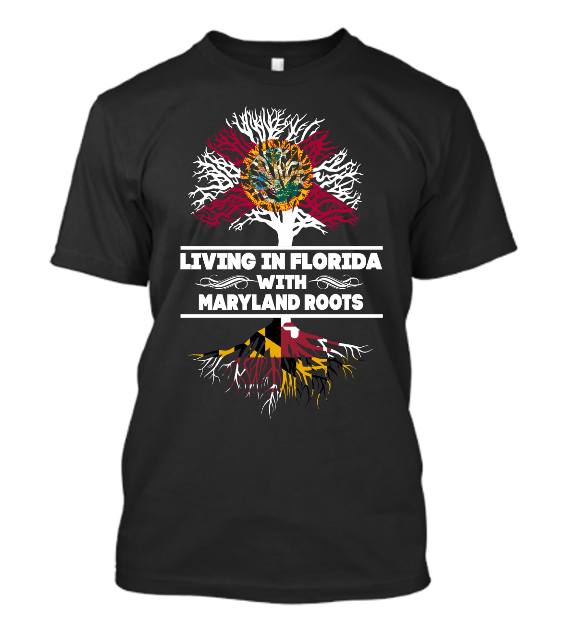 Florida And Maryland Flags With Tree Roots: Living In Florida With Maryland Origins T-Shirt