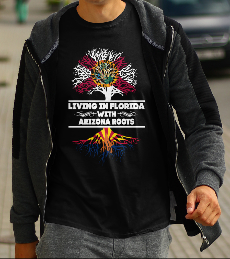 Living In Florida With Arizona Roots Tree Graphic Featuring Florida State Flag And Arizona State Flag Colors T-Shirt