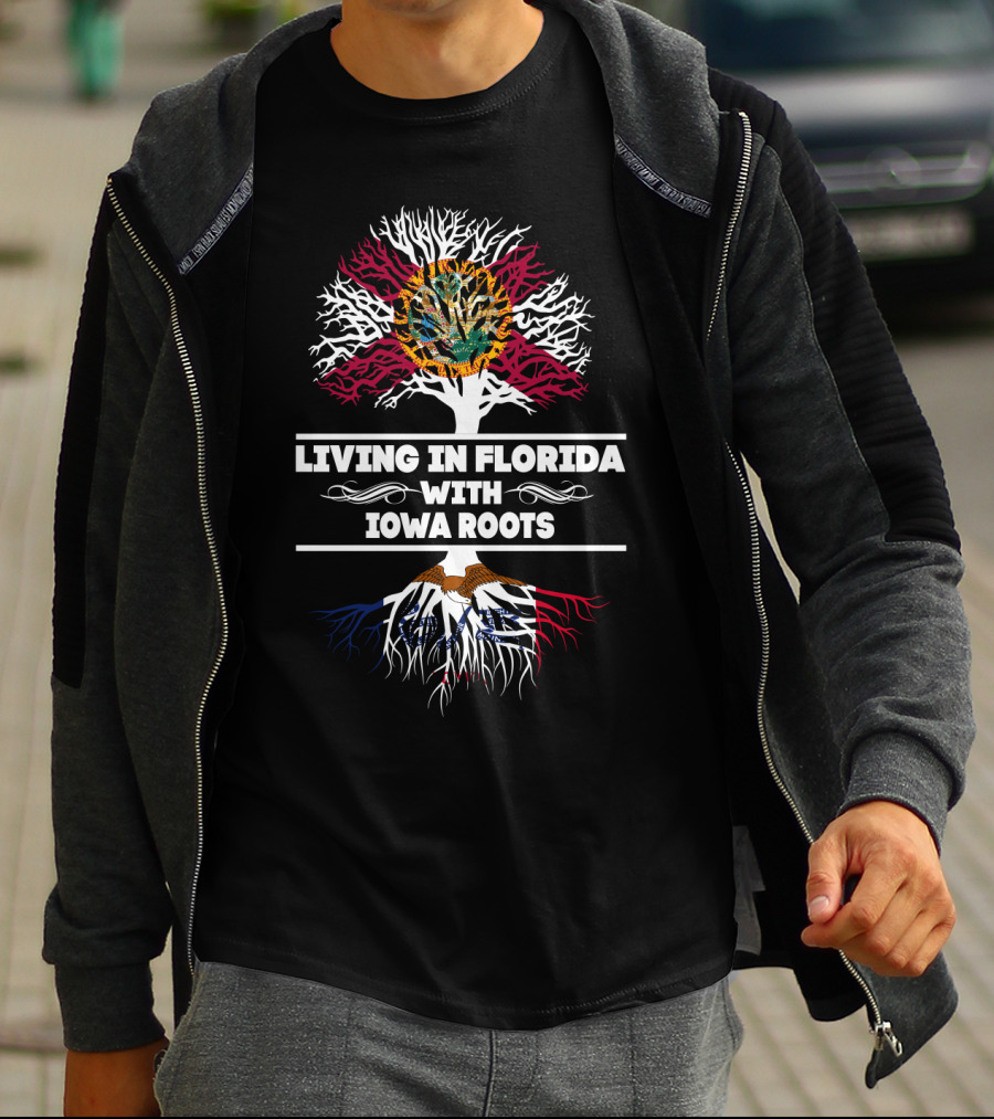Living In Florida With IOWA Roots Tree Design Featuring State Flags And Eagle T-Shirt