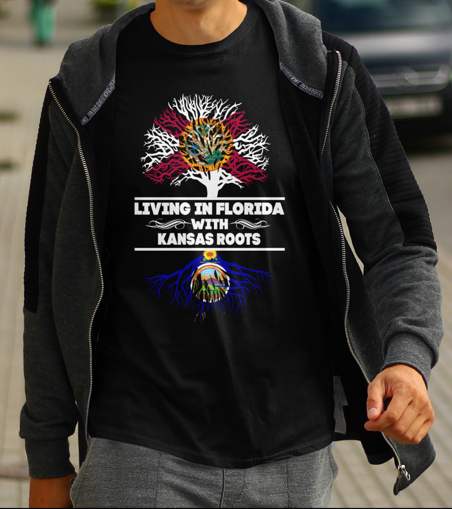 Living In Florida With Kansas Roots Tree Design Featuring State Flags T-Shirt
