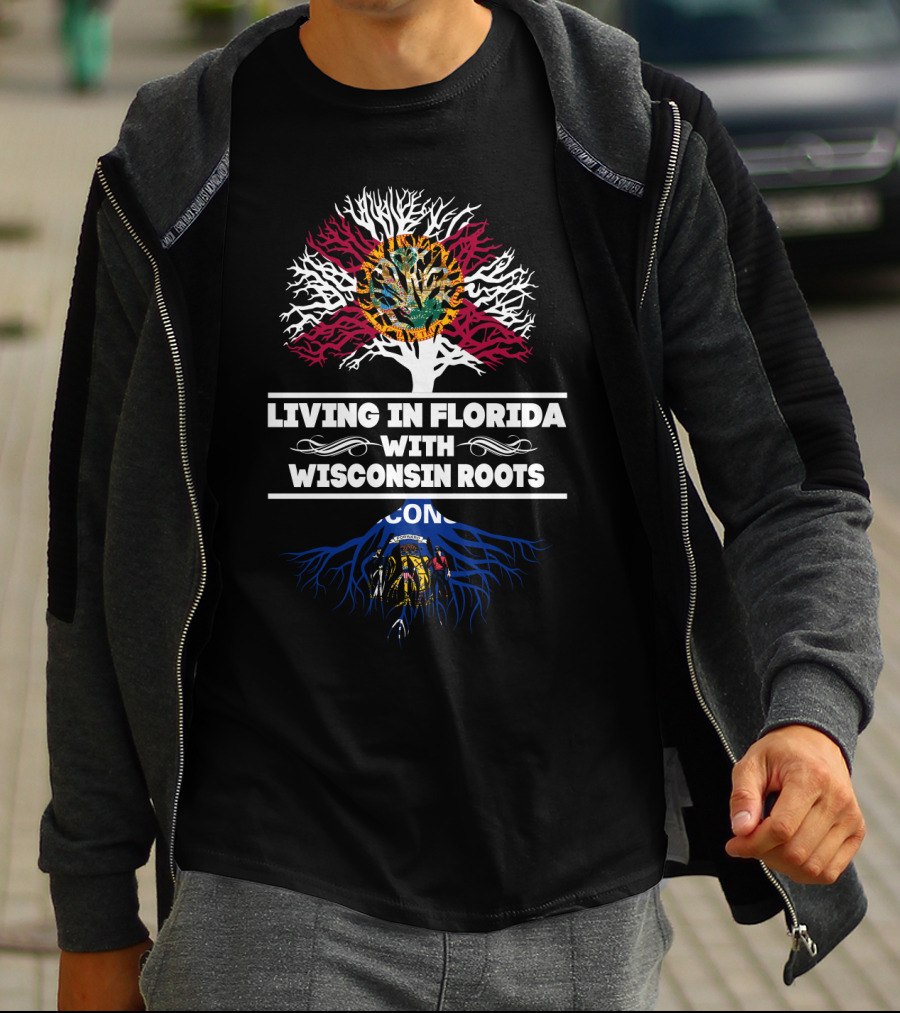 Florida Life Blending Wisconsin Heritage With State Flags And Roots T-Shirt