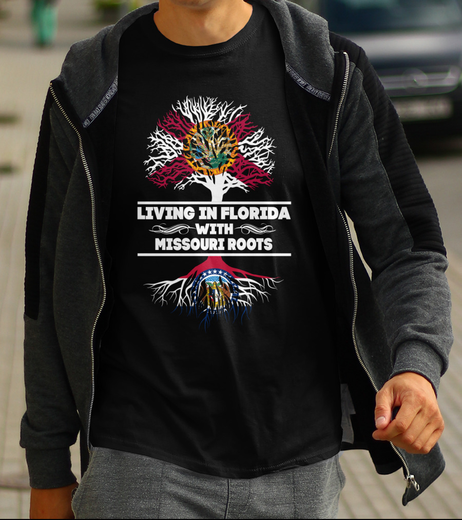 Living In Florida With Missouri Roots Florida Seal And Missouri State Emblem Tree T-Shirt