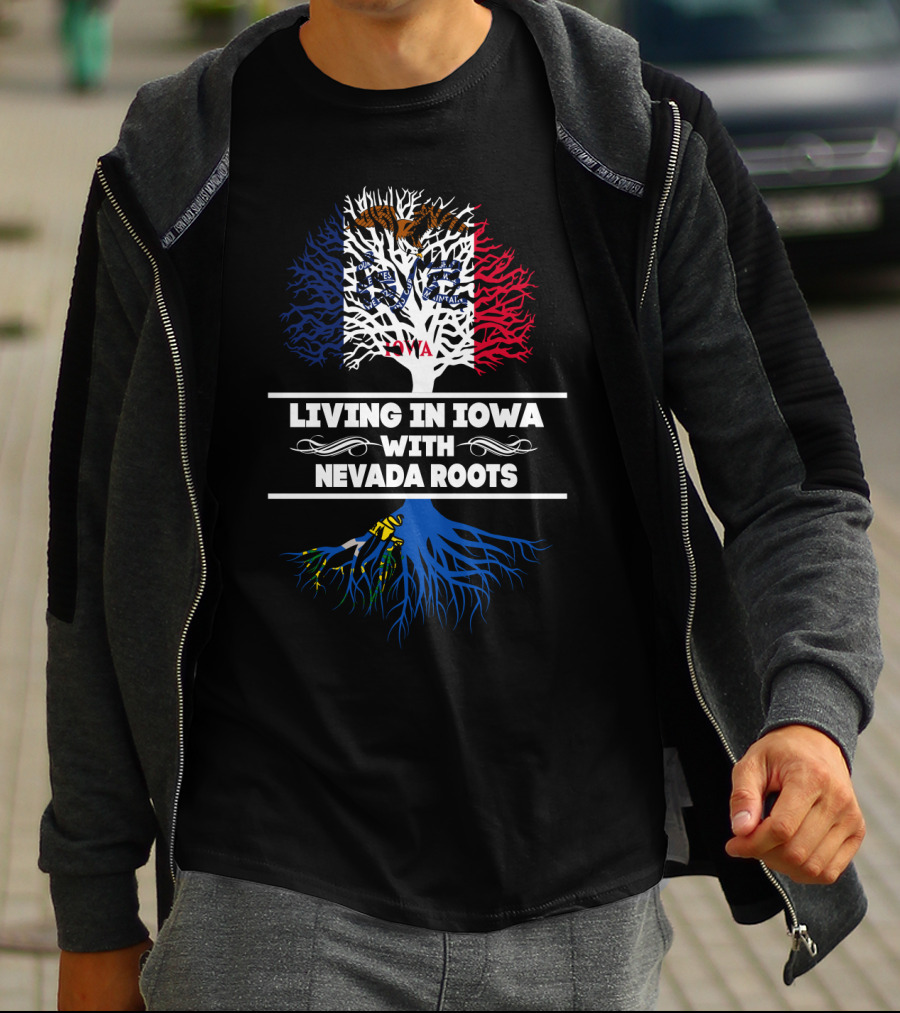 Iowa State Flag Tree With Nevada Roots Text T-Shirt