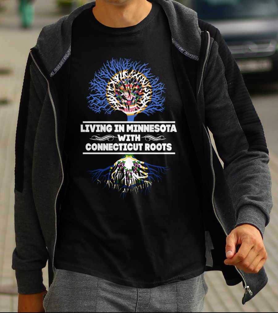 Living In Minnesota With Connecticut Roots Featuring State Seals On Tree T-Shirt