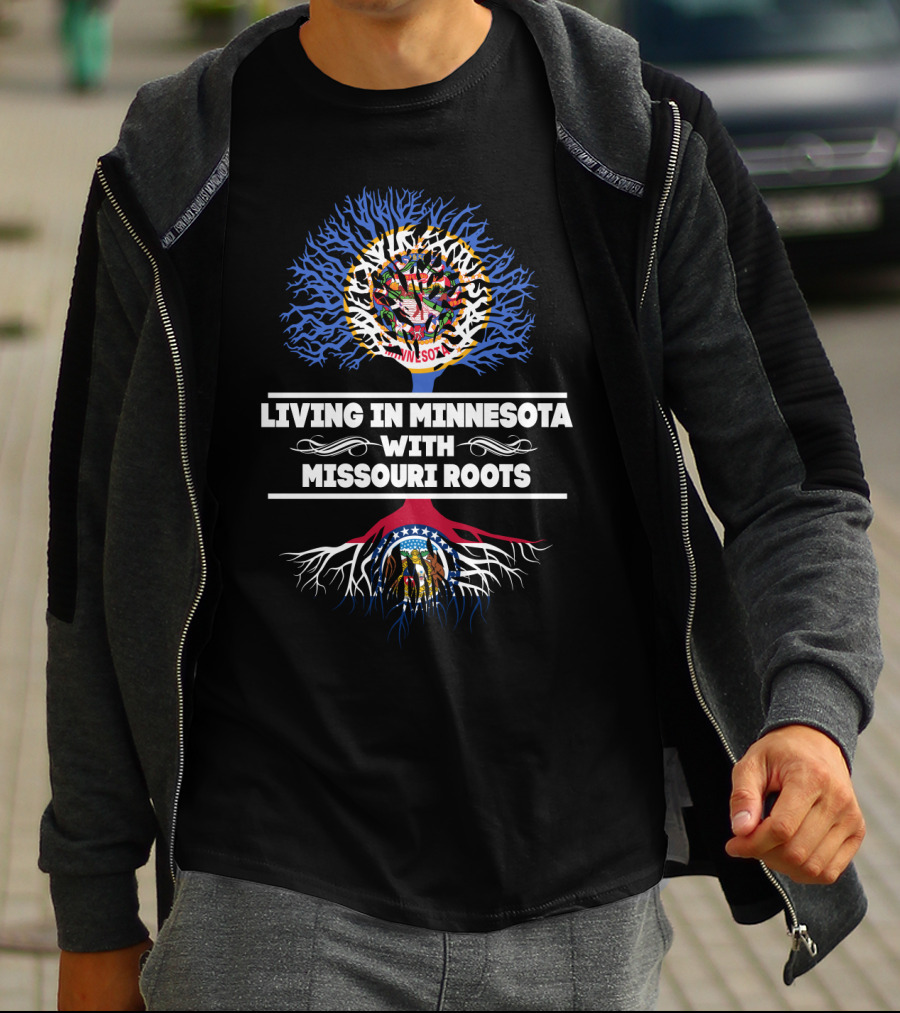Living In Minnesota With Missouri Roots Tree Design Featuring Minnesota And Missouri State Flags T-Shirt