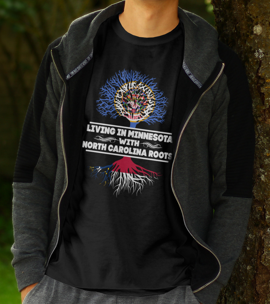 Minnesota Living With North Carolina Roots Tree Design Featuring State Symbols T-Shirt
