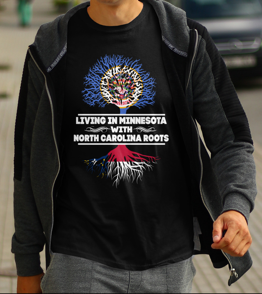 Minnesota Living With North Carolina Roots Tree Design Featuring State Symbols T-Shirt
