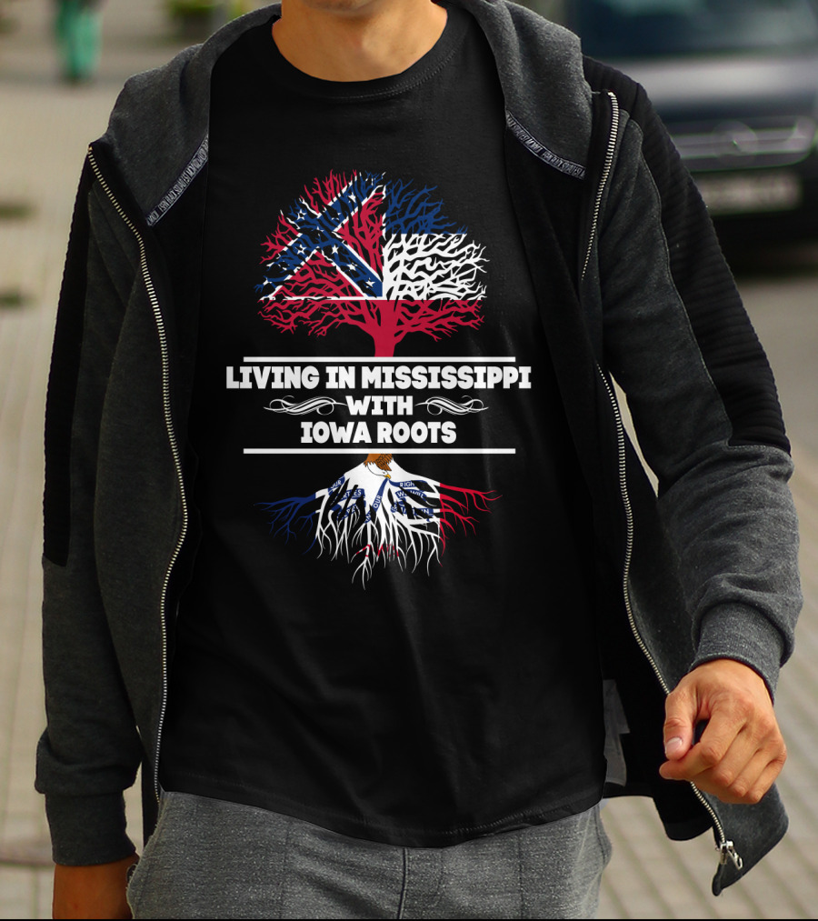 Living In Mississippi With IOWA Roots Flag-Themed Tree T-Shirt