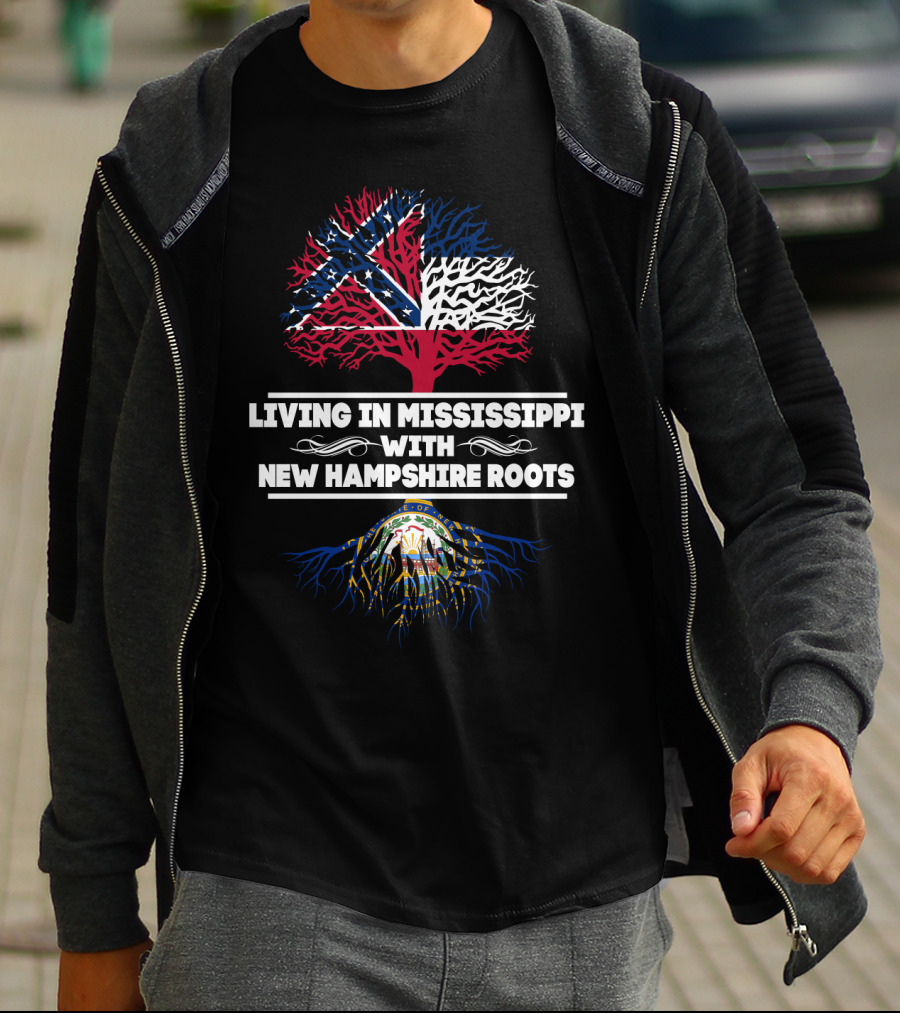 Living In Mississippi With New Hampshire Roots Featuring Mississippi Flag And New Hampshire Seal T-Shirt