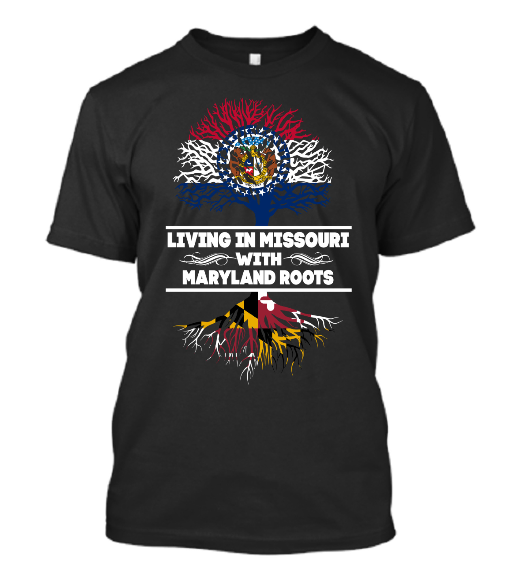 Living In Missouri With MARYLAND Roots Tree Featuring Missouri And Maryland Flag Colors T-Shirt