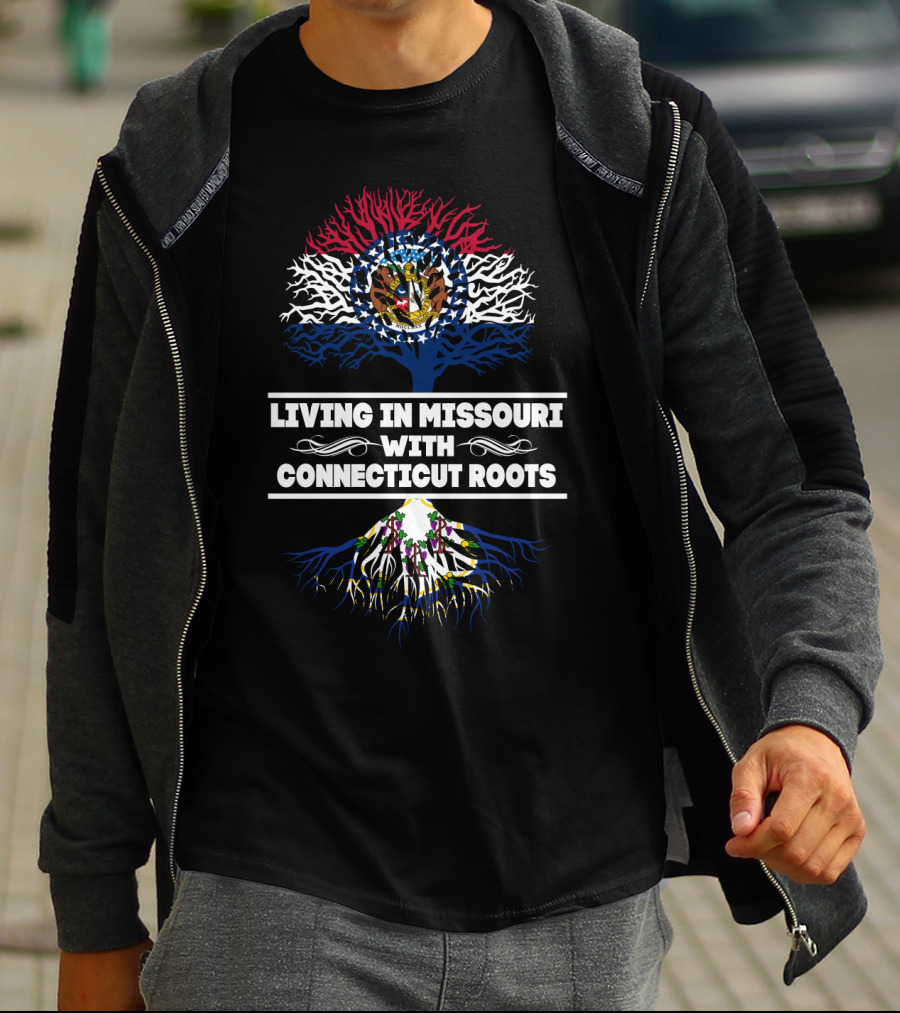 Missouri Pride With State Flag Top Tree And Connecticut Origin Roots T-Shirt