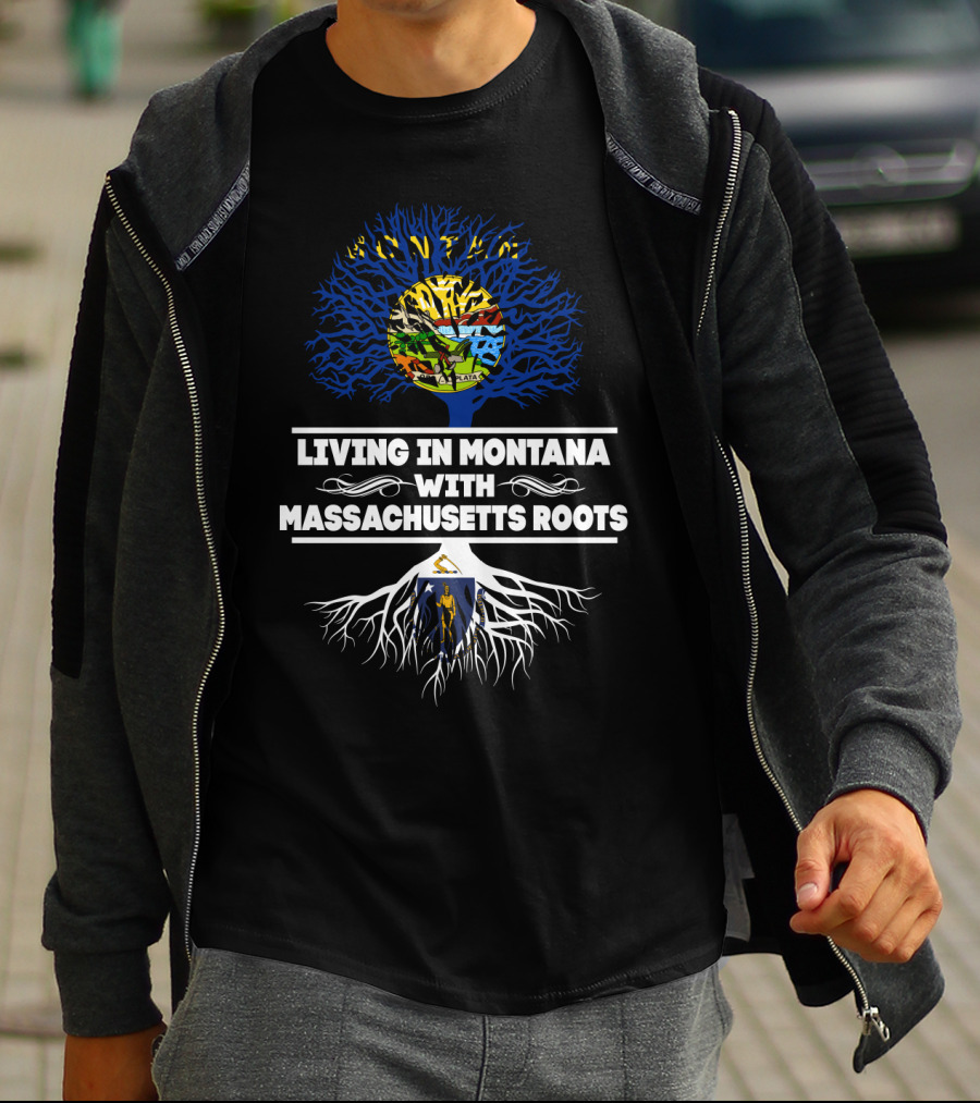 Living In Montana With Massachusetts Roots Tree Graphic Featuring State Flag Elements T-Shirt