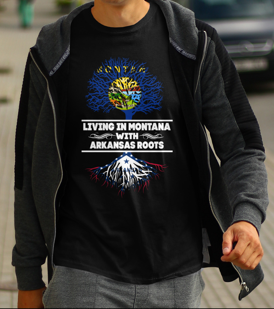 Montana Skyline And Arkansas Roots Tree: Living In Montana With Arkansas Roots T-Shirt