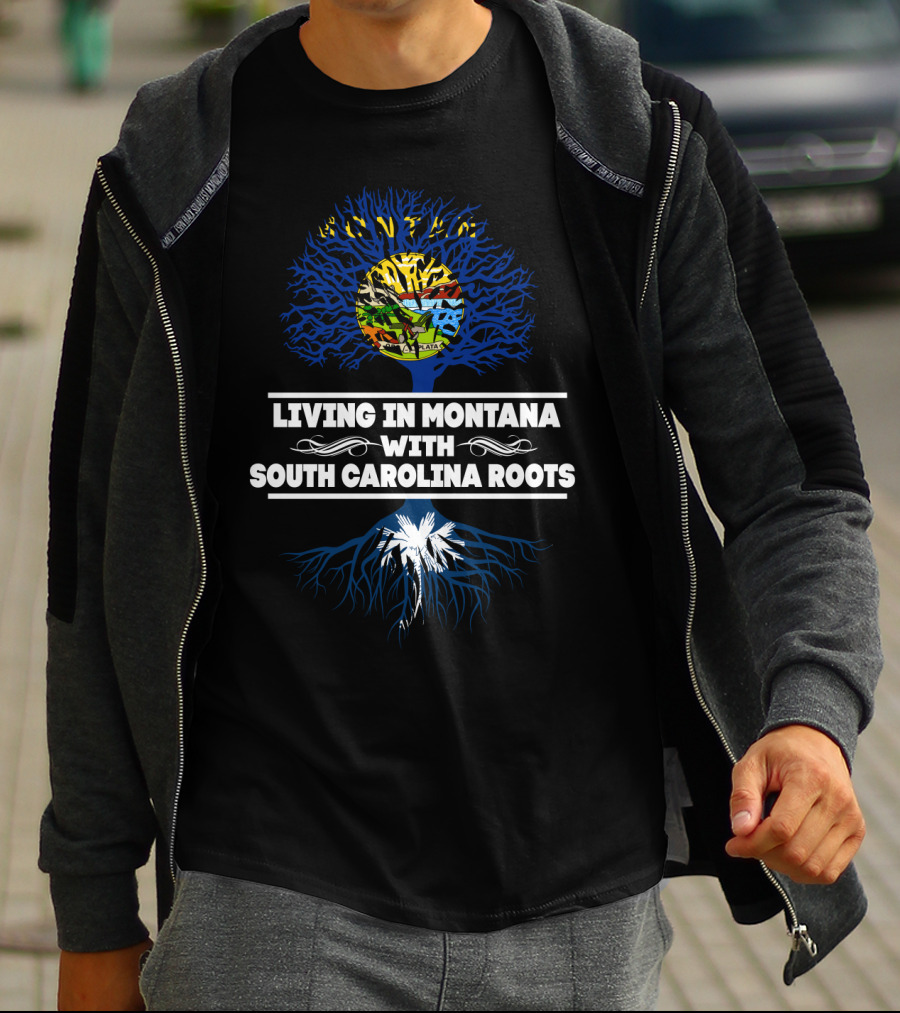 Living In Montana With South Carolina Roots Tree Design Featuring Montana State Flag Colors And South Carolina Palmetto T-Shirt