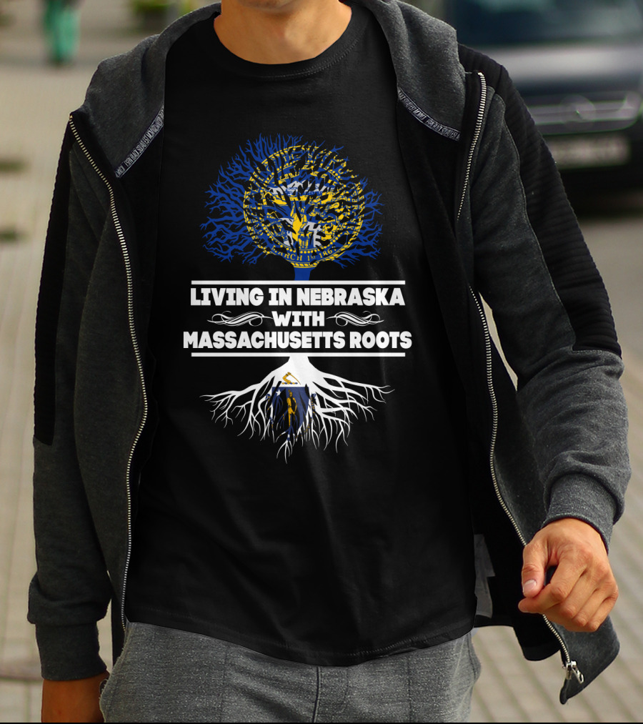 Nebraska Living With Massachusetts Roots Featuring State Seals And Tree T-Shirt