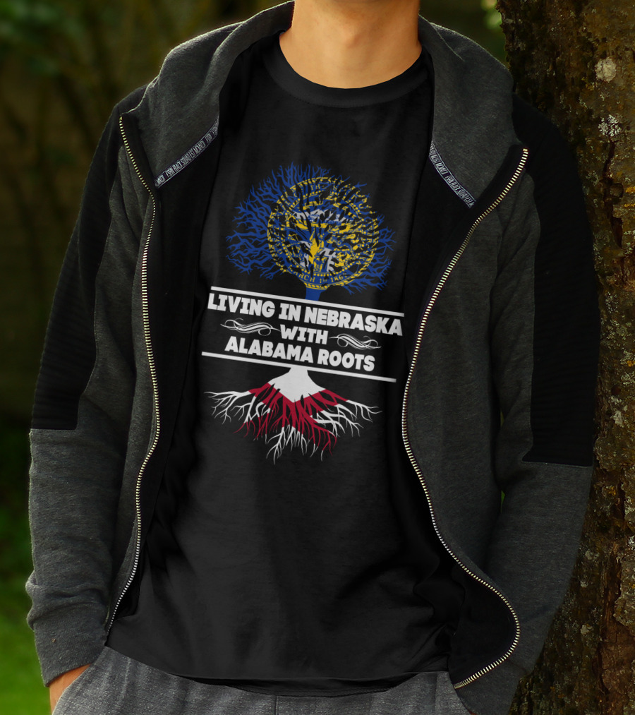 Living In Nebraska With Alabama Roots Tree Design Featuring Nebraska State Seal T-Shirt