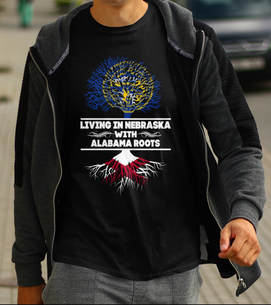 Living In Nebraska With Alabama Roots Tree Design Featuring Nebraska State Seal T-Shirt