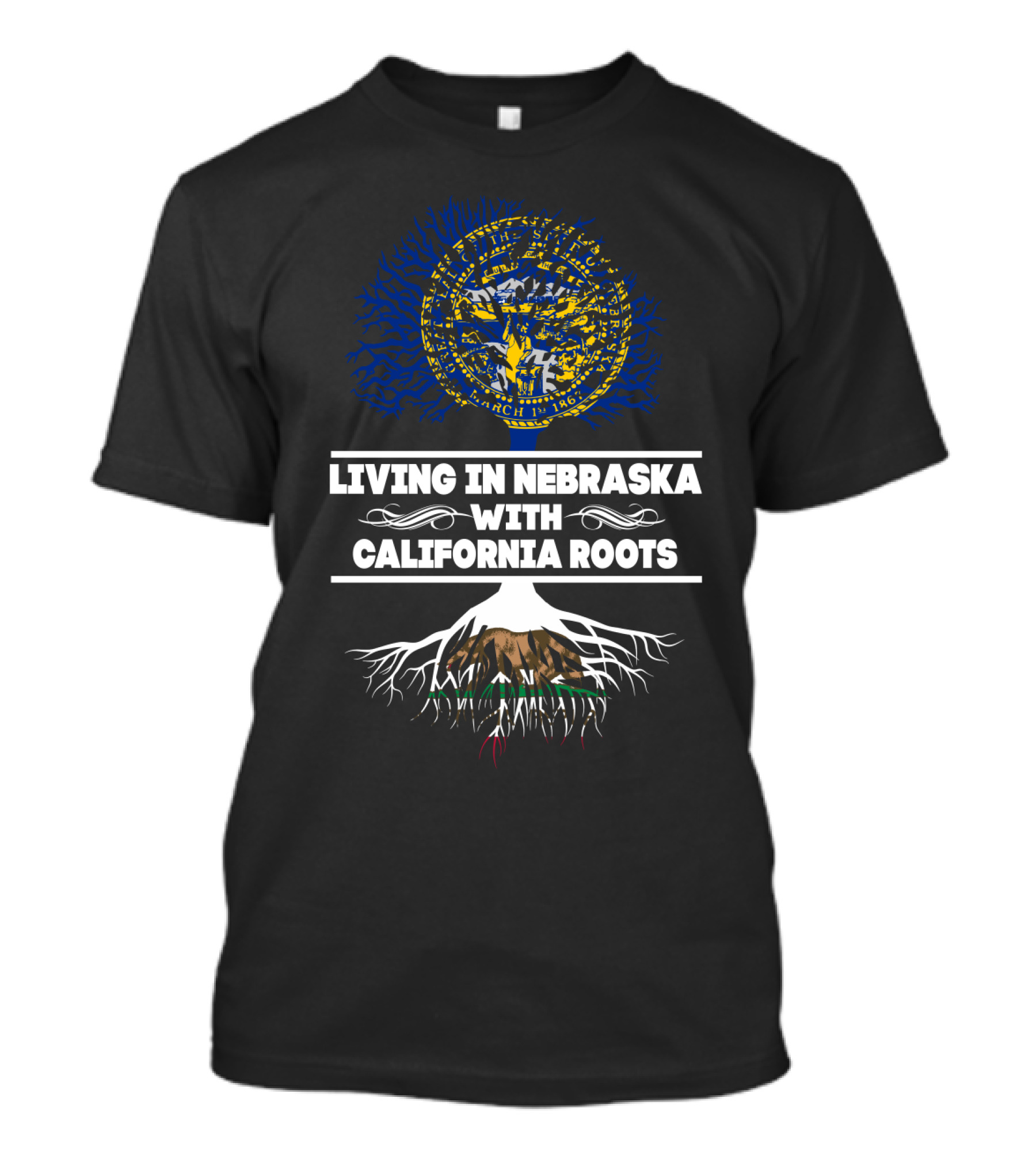 Nebraska Seal Tree Living In Nebraska With California Roots T-Shirt