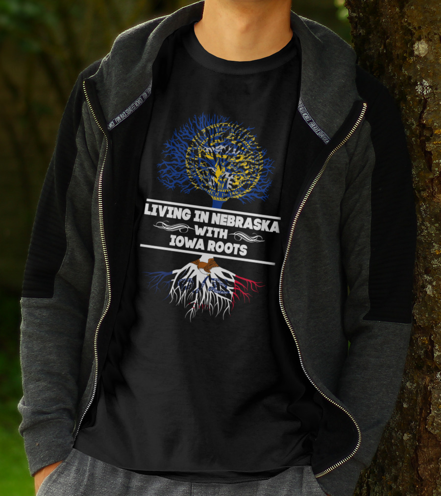 Nebraska Living With Iowa Roots Featuring State Seals And Tree T-Shirt