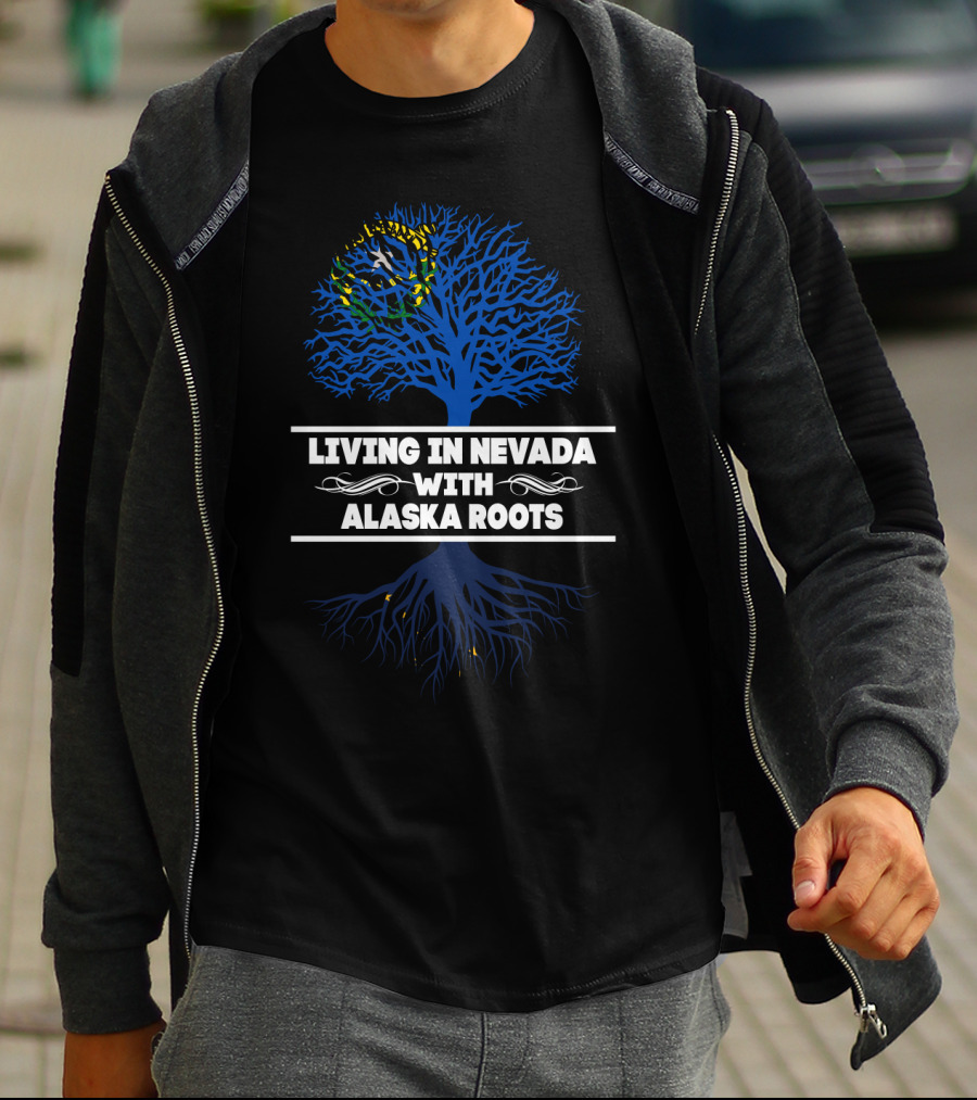 Living In Nevada With Alaska Roots Decorative Blue Tree And Yellow Stars T-Shirt