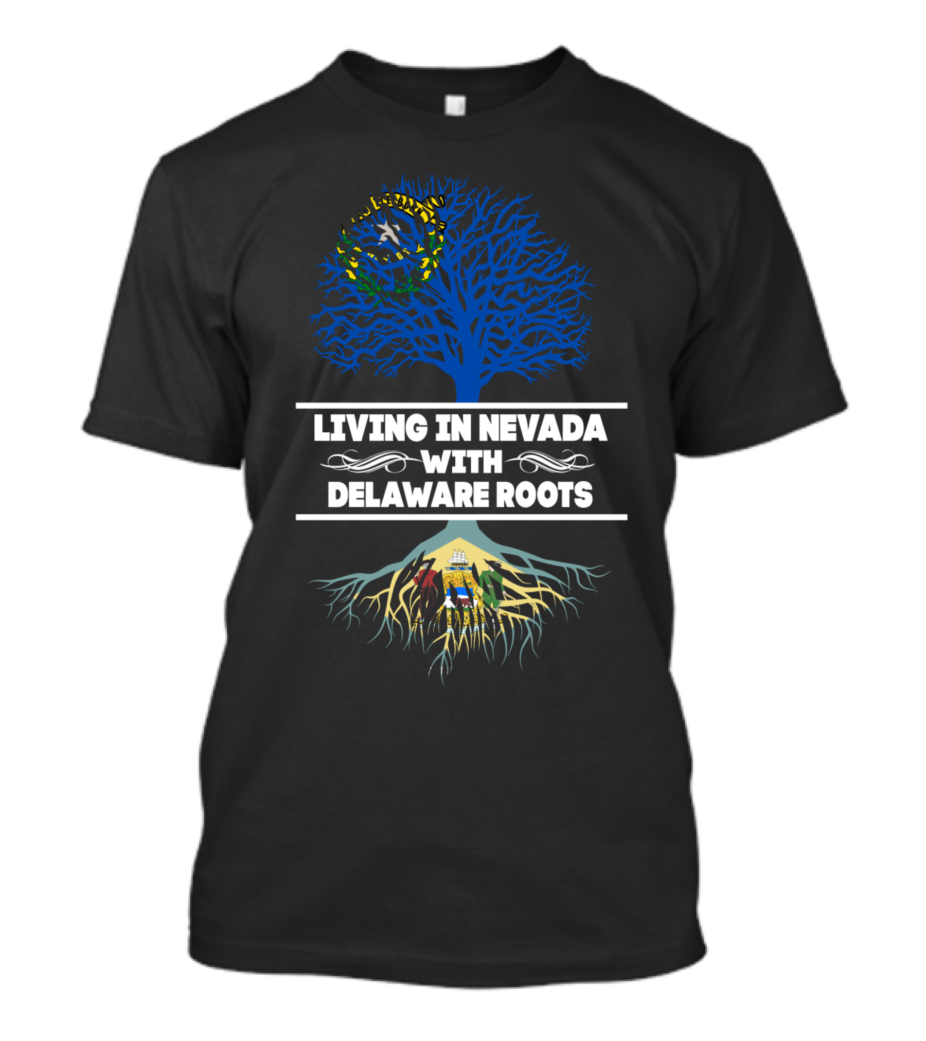 Living In Nevada Embracing Delaware Roots With Iconic State Symbols And Tree T-Shirt