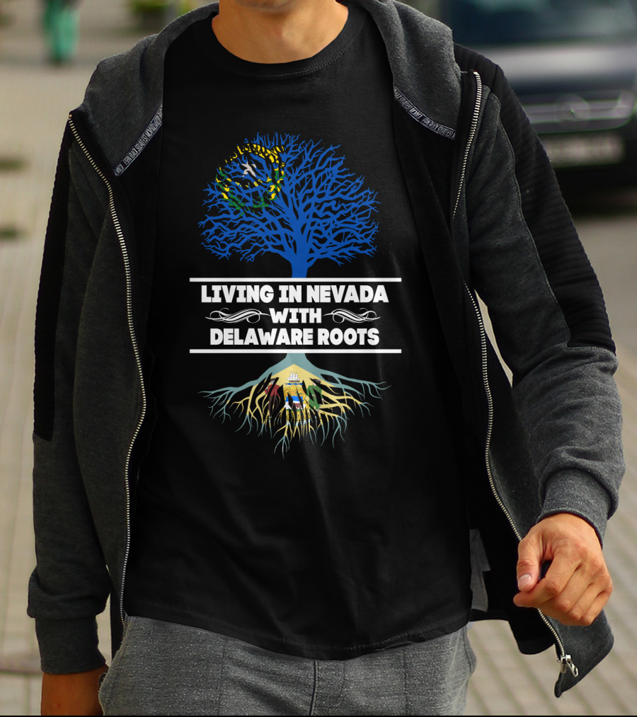 Living In Nevada Embracing Delaware Roots With Iconic State Symbols And Tree T-Shirt