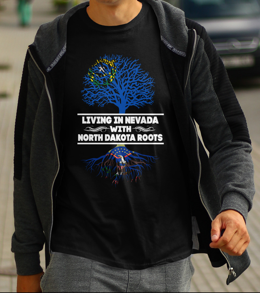 Living In Nevada With North Dakota Roots Blue Tree Design Featuring State Emblems T-Shirt