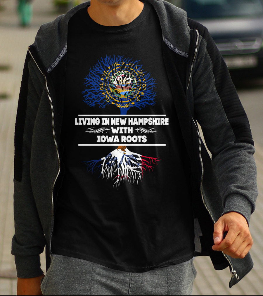 New Hampshire And Iowa Connection Featuring State Flags And Tree Roots T-Shirt