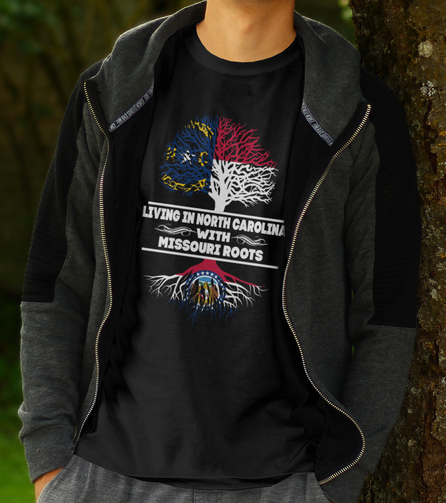 Living In North Carolina With Missouri Roots Featuring North Carolina And Missouri Flags Tree T-Shirt