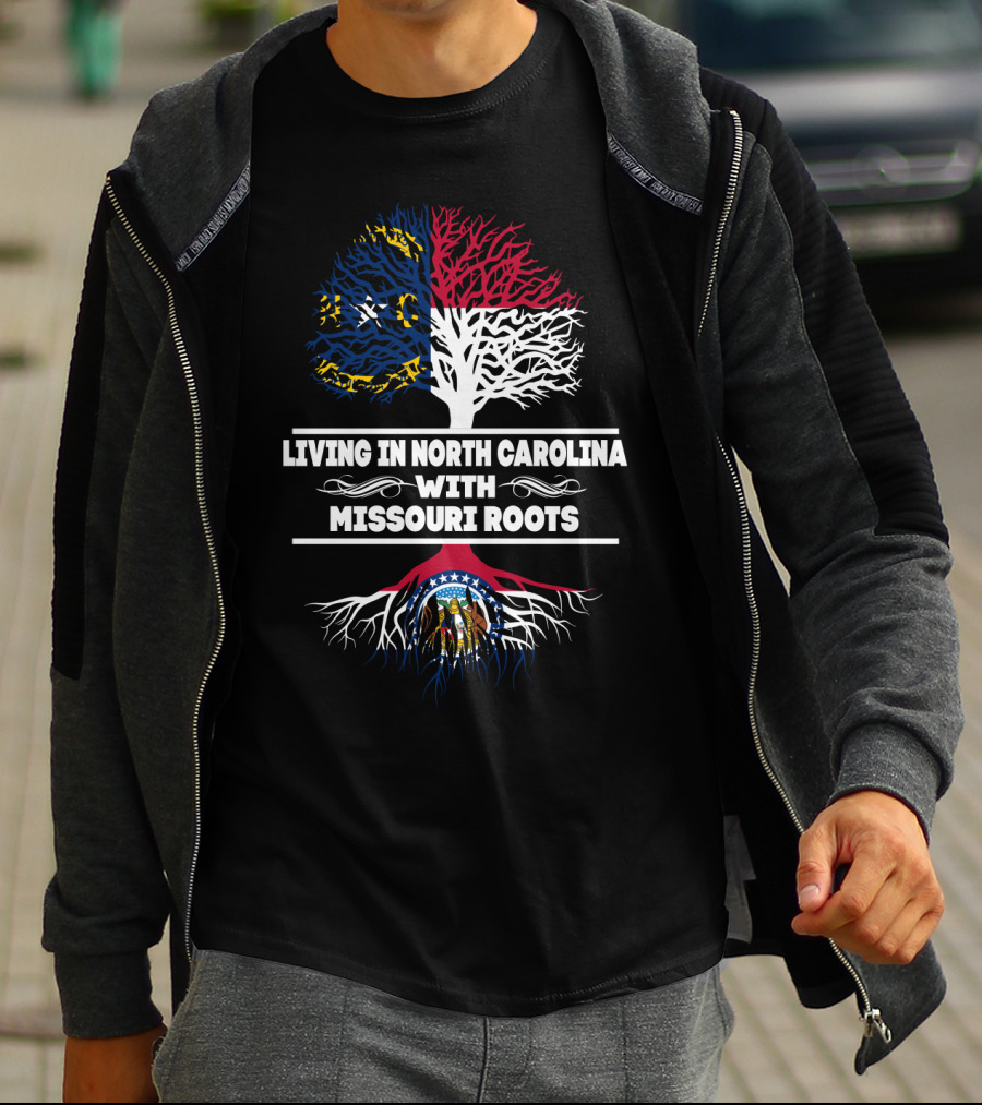 Living In North Carolina With Missouri Roots Featuring North Carolina And Missouri Flags Tree T-Shirt