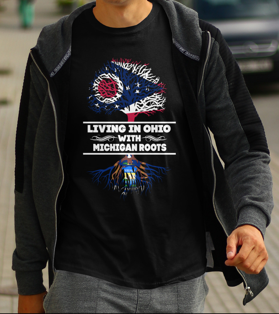 Living In Ohio With MICHIGAN Roots Ohio Flag Tree And Michigan Seal Roots T-Shirt