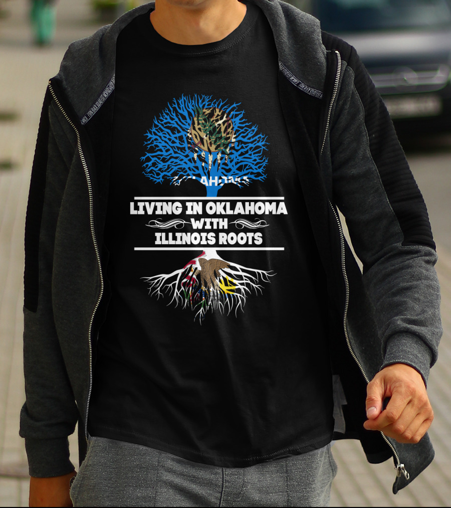 Living In Oklahoma With Illinois Roots Tree Graphic State Pride T-Shirt