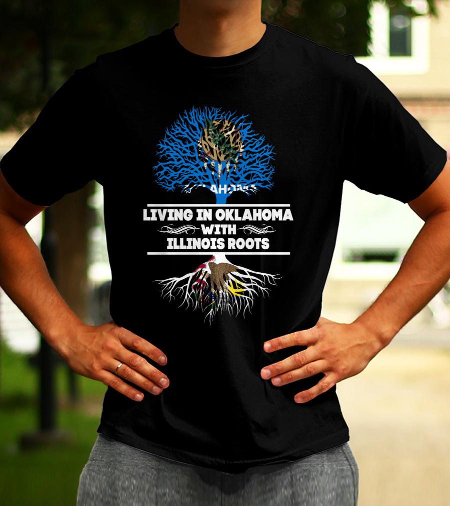Living In Oklahoma With Illinois Roots Tree Graphic State Pride T-Shirt