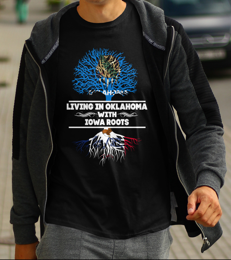 Living In Oklahoma With Iowa Roots Camouflage Tree Blue Sky Background T-Shirt