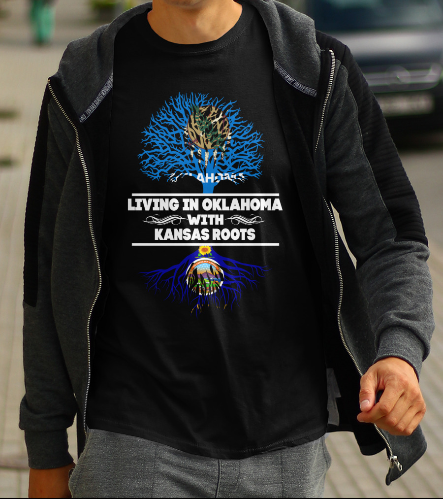 Living In Oklahoma With Kansas Roots Tree Design Featuring State Symbols T-Shirt