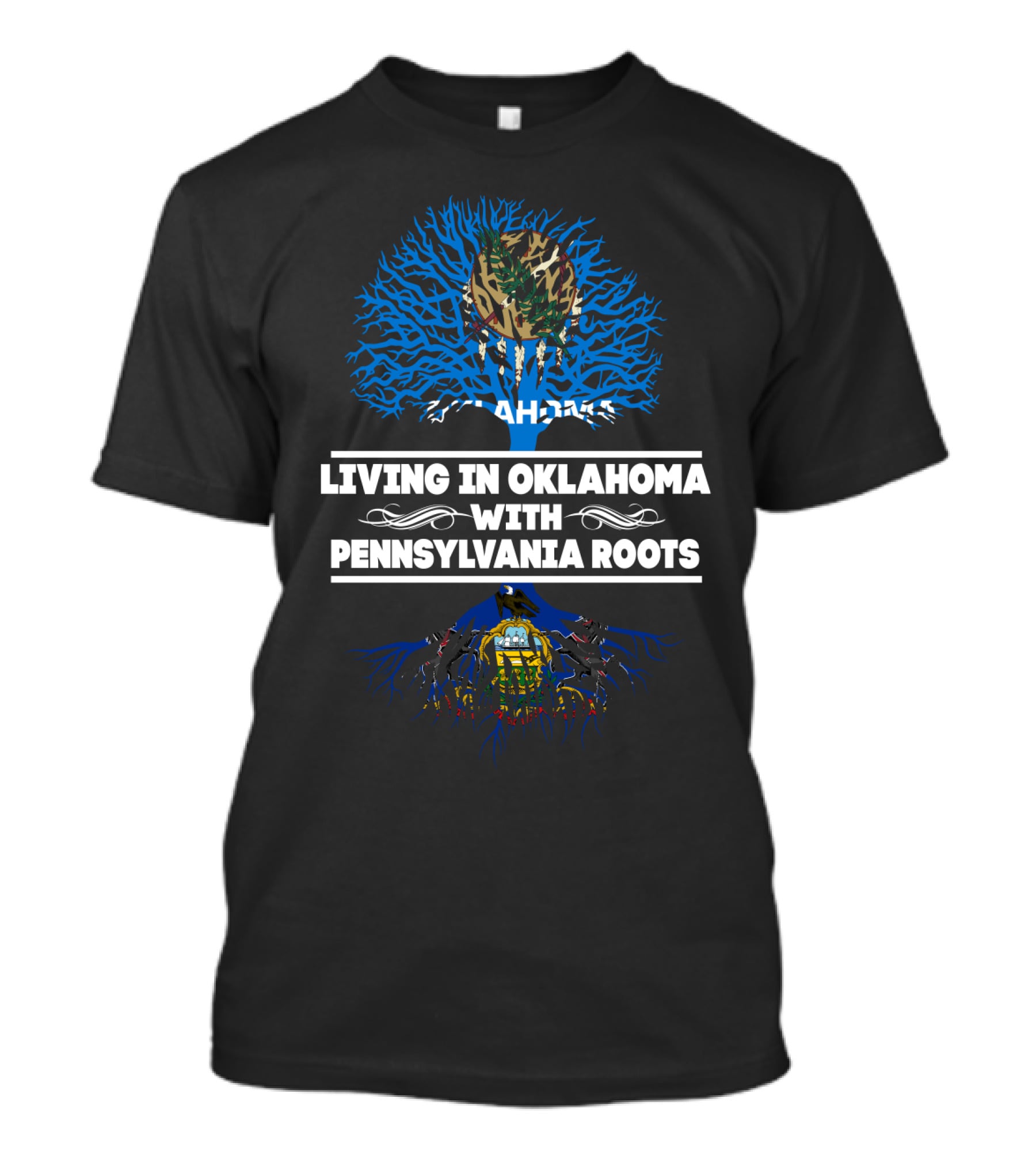 Oklahoma Living Pennsylvania Roots Blue Tree With Camo Top And Pennsylvania State Symbols T-Shirt