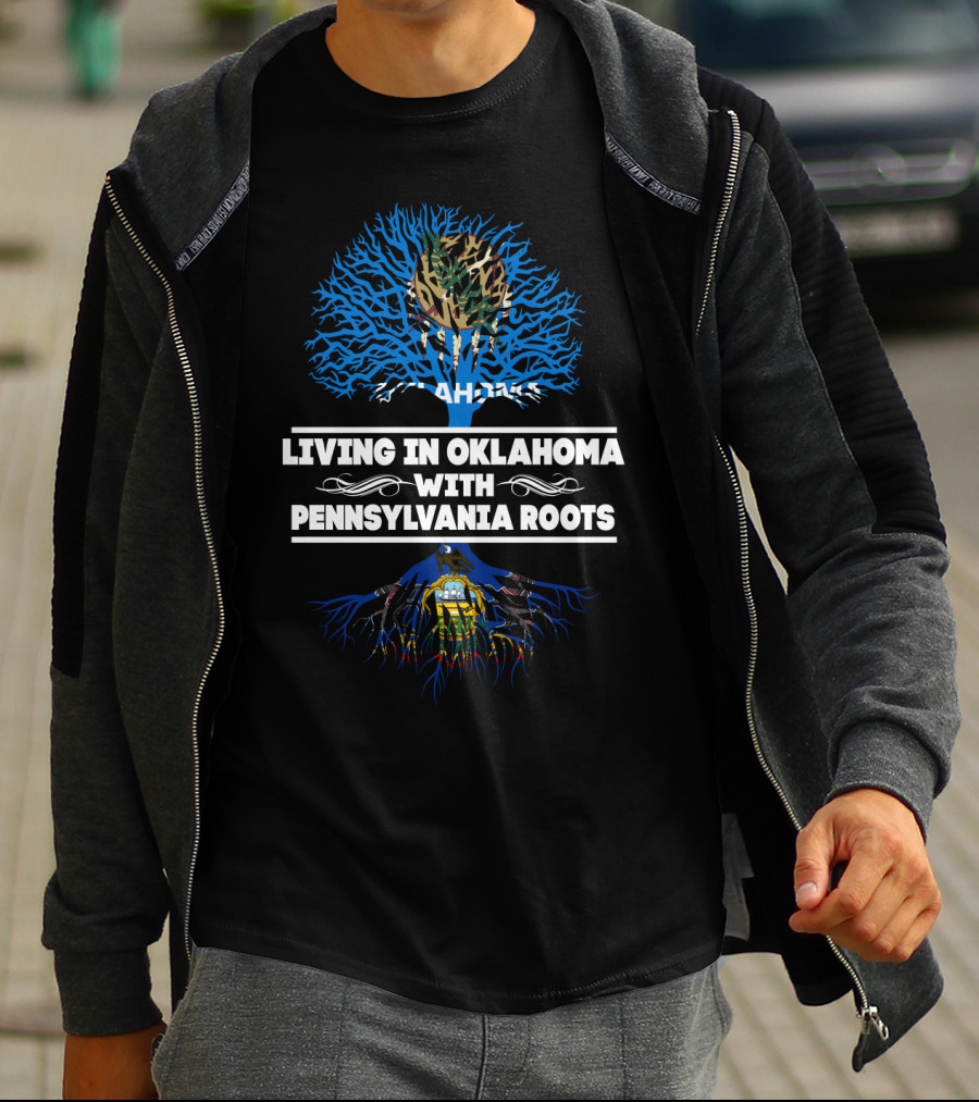 Oklahoma Living Pennsylvania Roots Blue Tree With Camo Top And Pennsylvania State Symbols T-Shirt