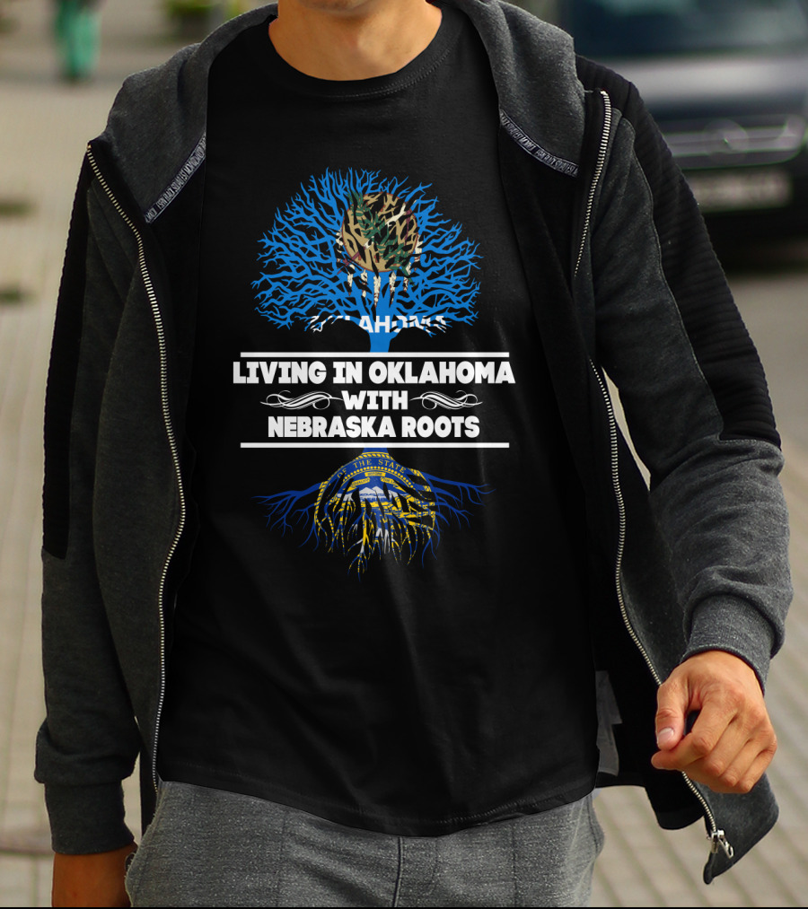Living In Oklahoma With Nebraska Roots Blue Tree T-Shirt