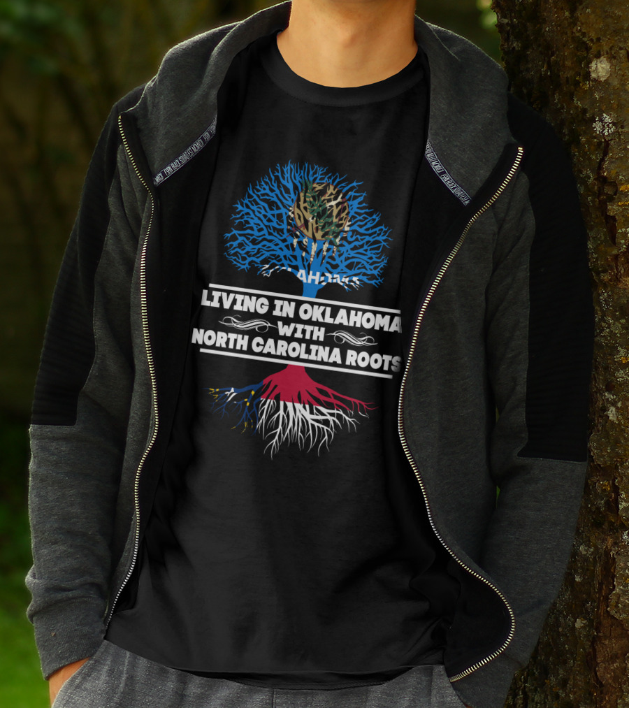 Living In Oklahoma With NORTH CAROLINA Roots Tree Design Featuring Oklahoma Flag Elements T-Shirt