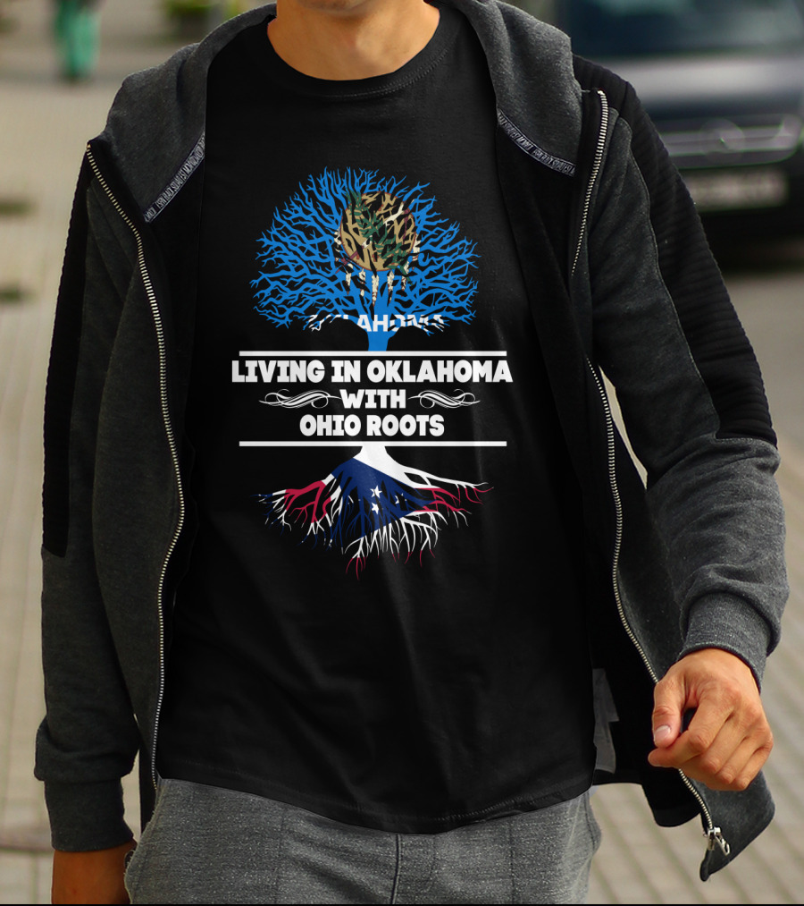 Living In Oklahoma With Ohio Roots Flag-Inspired Tree T-Shirt