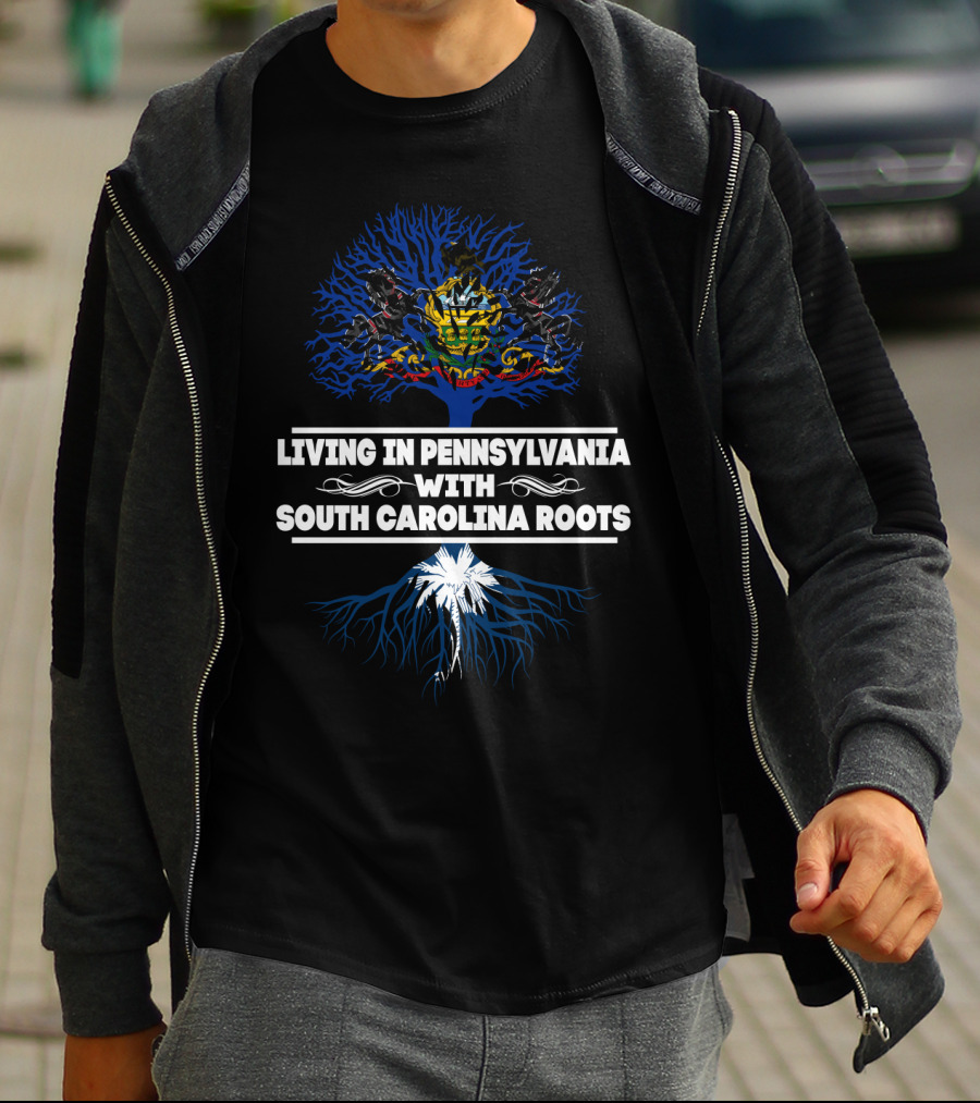 Living In Pennsylvania Proudly Celebrating South Carolina Roots With State Symbols T-Shirt