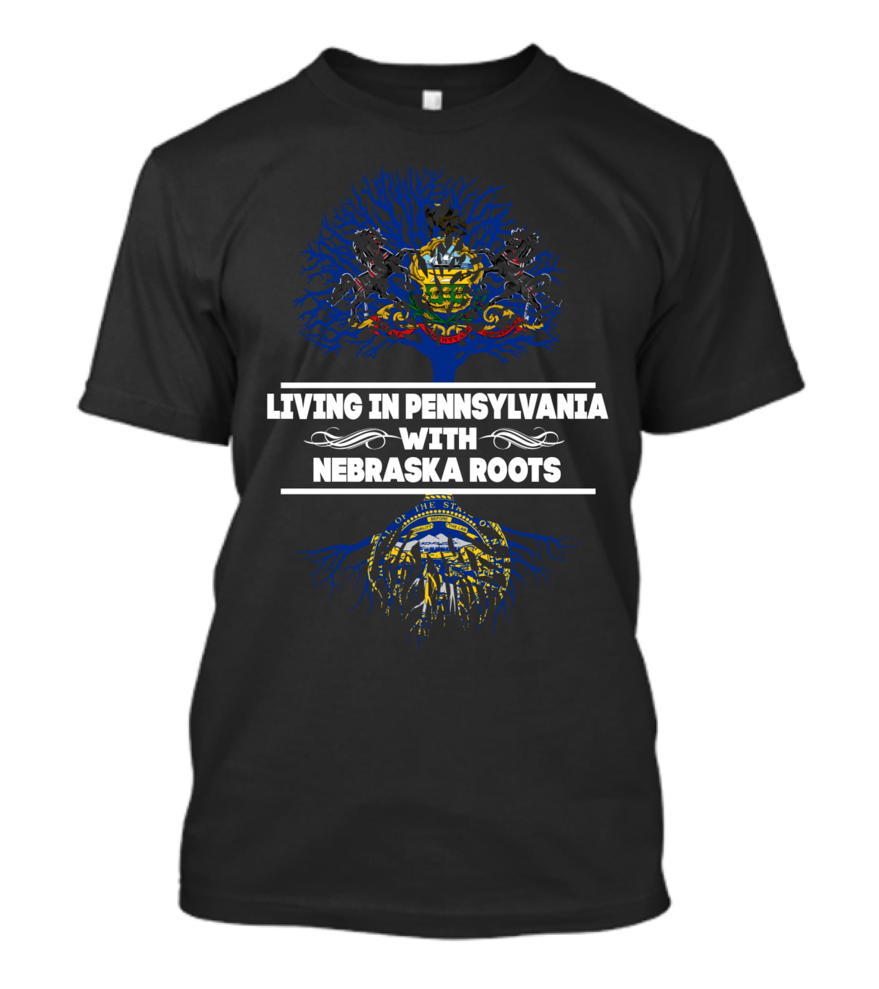 Pennsylvania Home With Deep Nebraska Tree Roots And State Crests T-Shirt