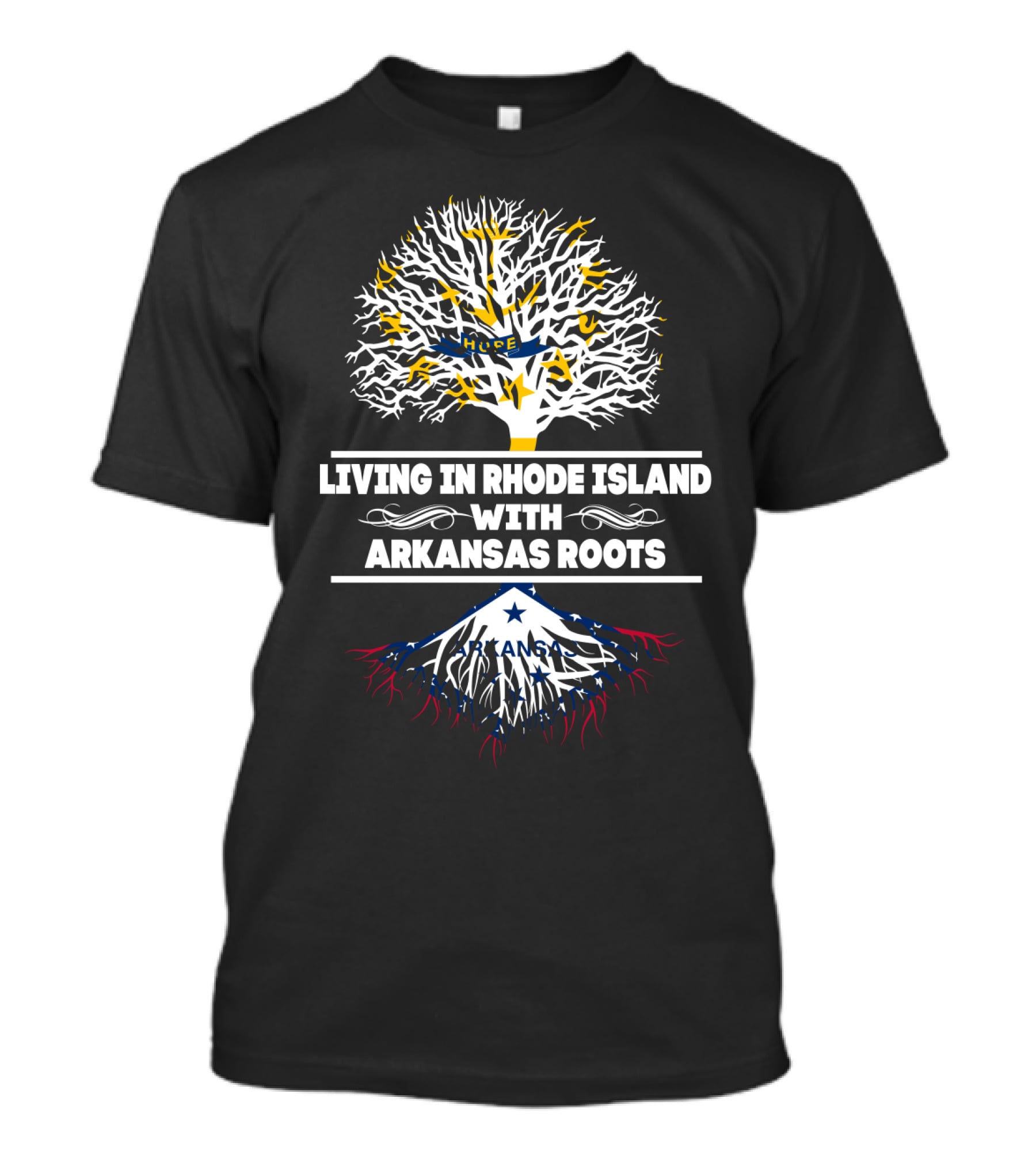 Living In Rhode Island With Deep Arkansas Roots Symbolized By Dual-Color Tree T-Shirt