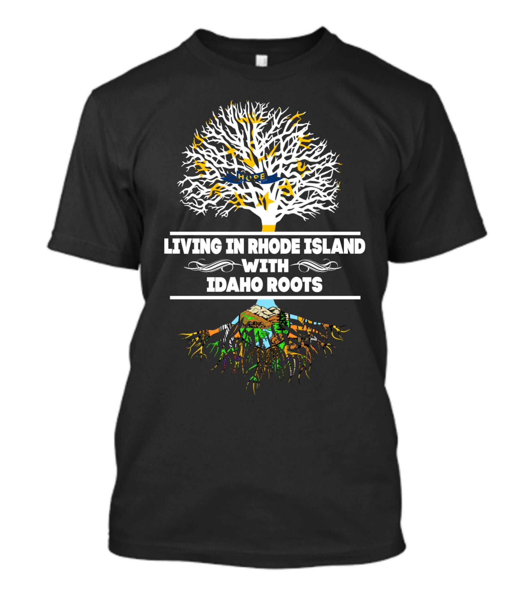 Living In Rhode Island With Idaho Roots Tree T-Shirt