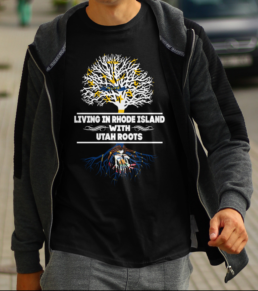 Living In Rhode Island With Deep Utah Roots Tree Design Featuring State Symbols T-Shirt