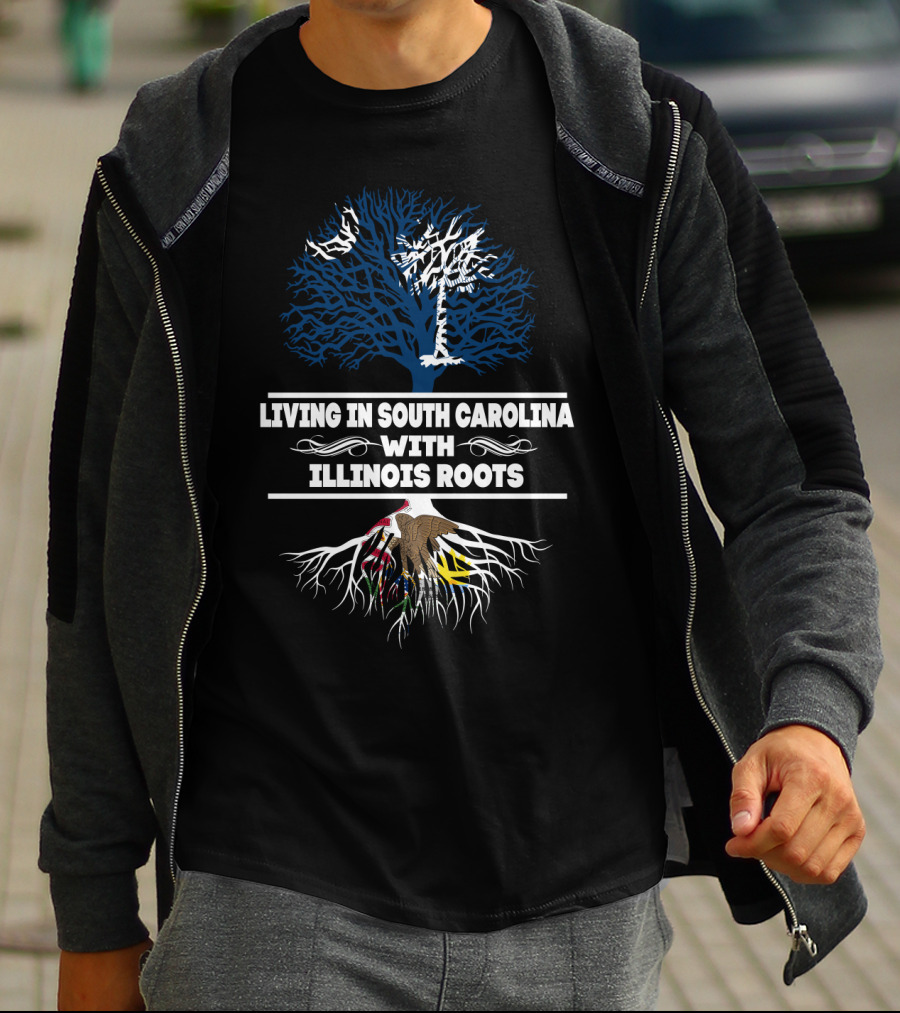Living In South Carolina With Illinois Roots Palmetto Tree And Eagle Roots T-Shirt
