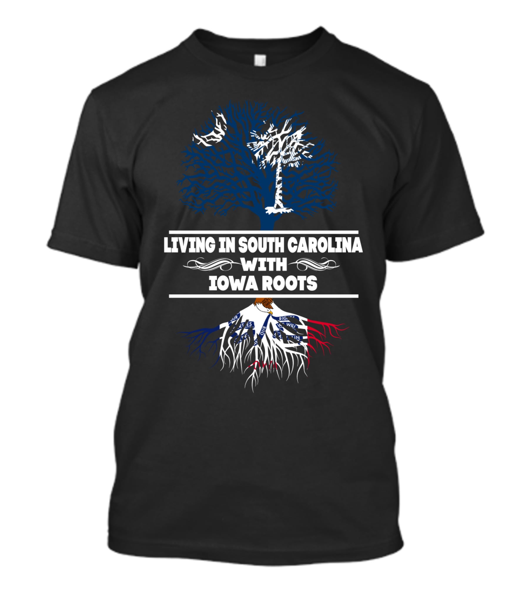 Intertwining Identity: Living In South Carolina With Iowa Roots Featuring State Trees And Heritage Symbolism T-Shirt