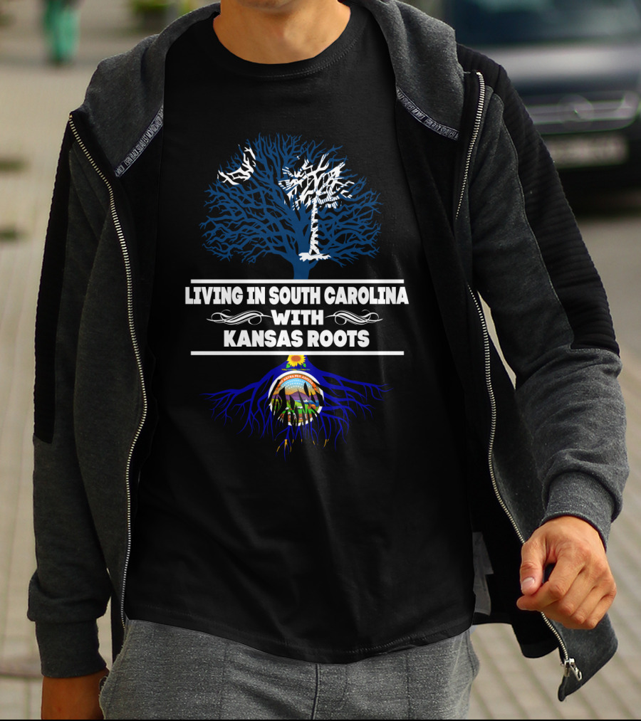 Living In South Carolina With Kansas Roots Tree Design Featuring State Symbols T-Shirt